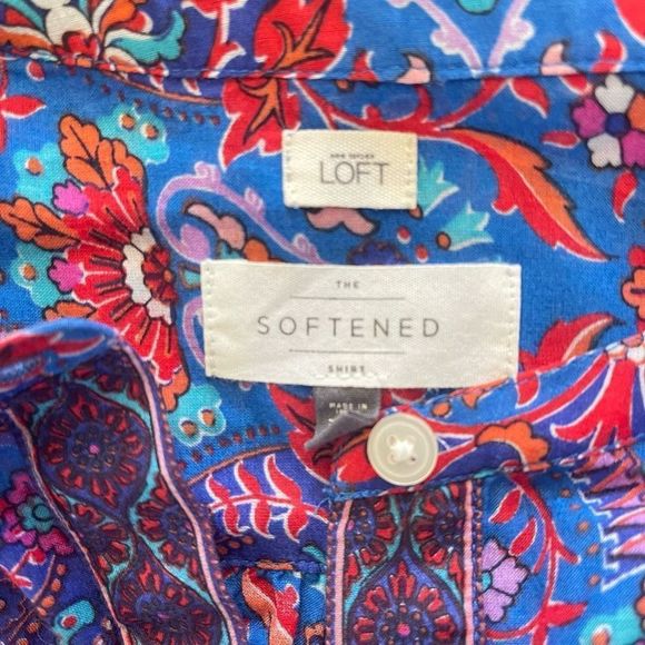 Loft The Softened Shirt Blouse Blue Floral Paisley Boho Henley Size XS - Picture 7 of 11